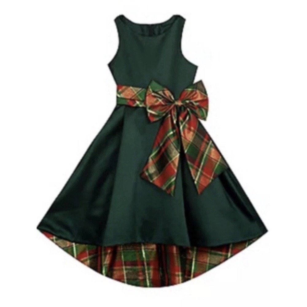 Christmas Dress Girl's 3T Zipper High Low Length Belted Green Plaid Bow